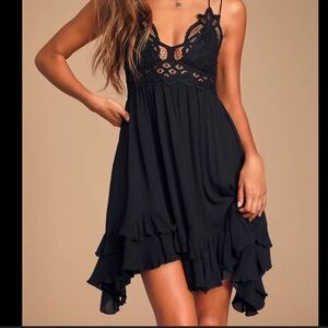 Free People Adella Slip Black Lace Dress, XS